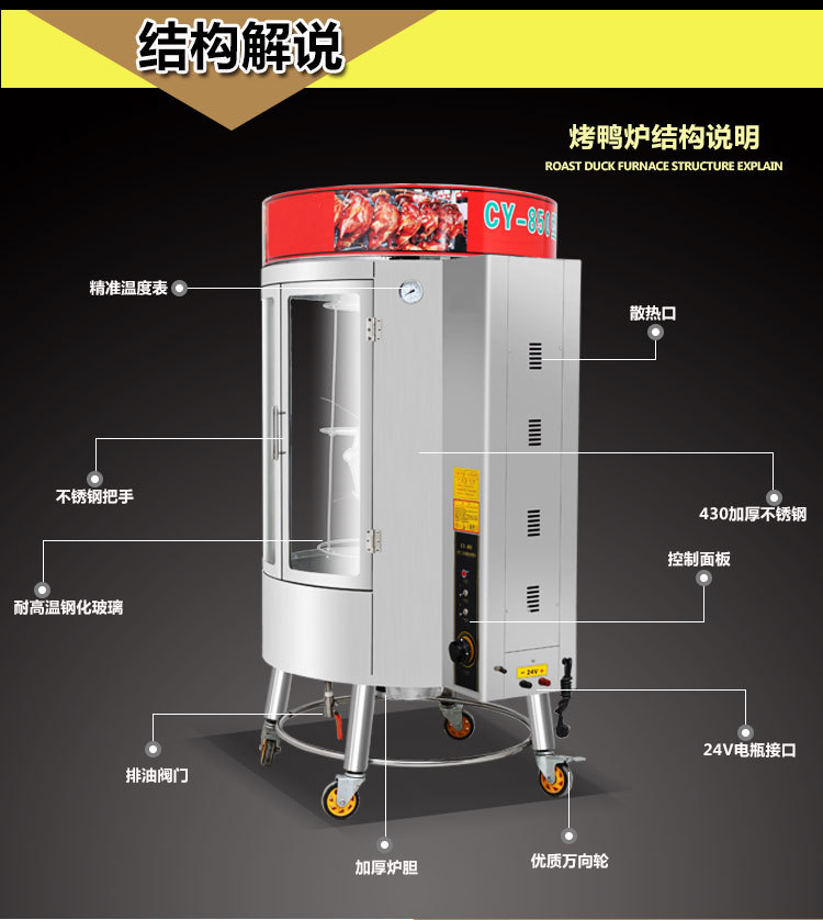 商用燃氣木炭烤箱 自動旋轉烤鴨爐鋼化玻璃 電熱烤雞烤鴨爐設備